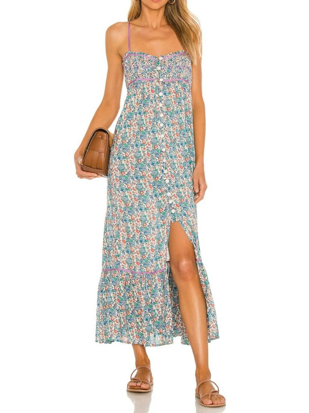 Free People Molly Jo Midi Dress Smocked Blossom Combo Blue Bohemian Size L